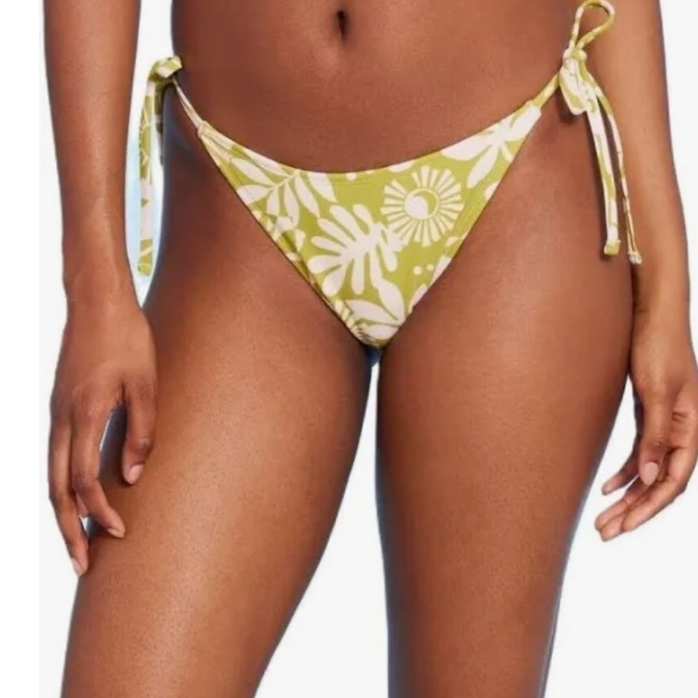 Green & Cream-Floral side Tie- Bikini Bottom